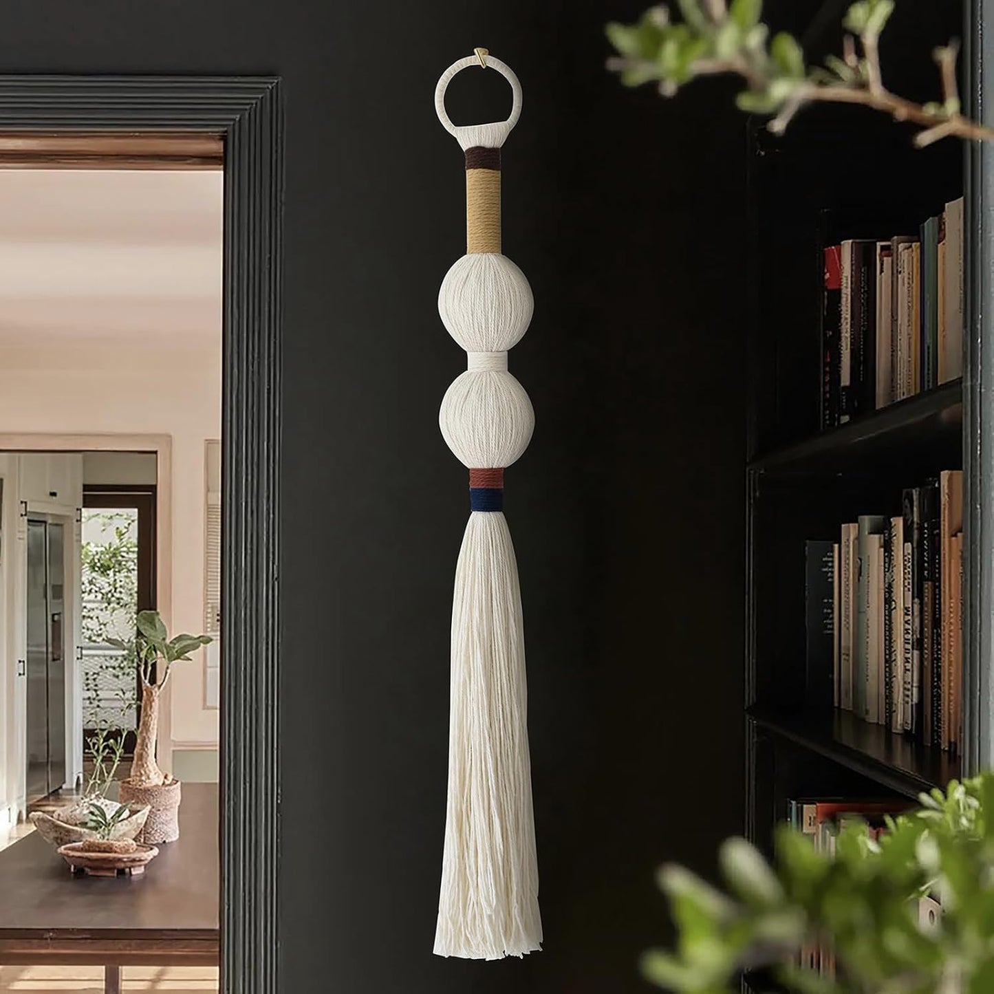 Macrame Wall Hanging Boho Wall Decor Small Sphericity Cotton Textile Tassel Hanging Fiber Yarn Art for Living Room Bedroom 27'' L x 2.3'' W