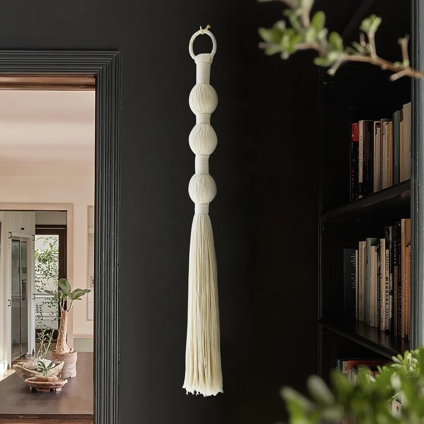 Macrame Wall Hanging Boho Wall Decor Small Sphericity Cotton Textile Tassel Hanging Fiber Yarn Art for Living Room Bedroom 27'' L x 2.3'' W