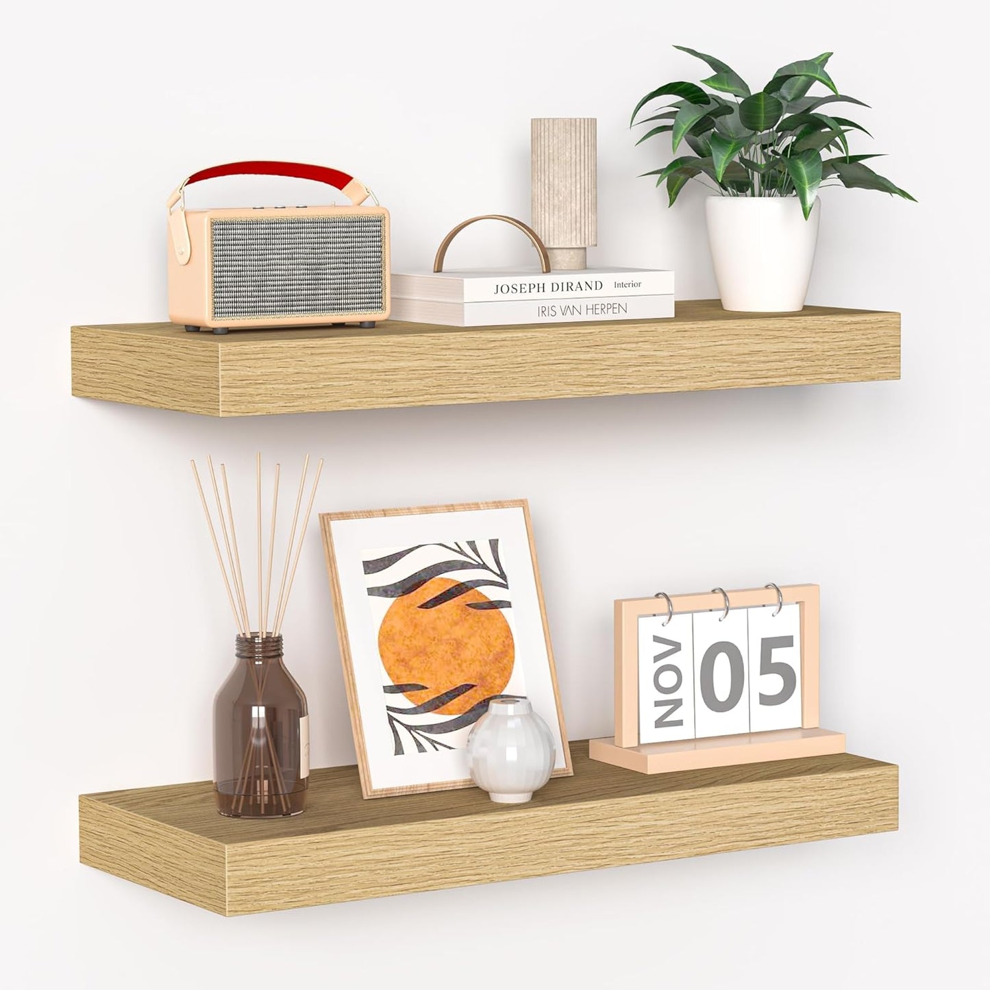 Fun Memories Floating Shelves - 16 Inch Wall Shelf for Decor & Storage - Wall Mounted Display Shelving with Invisible Heavy-Duty Metal Bracket 2Pack, Walnut