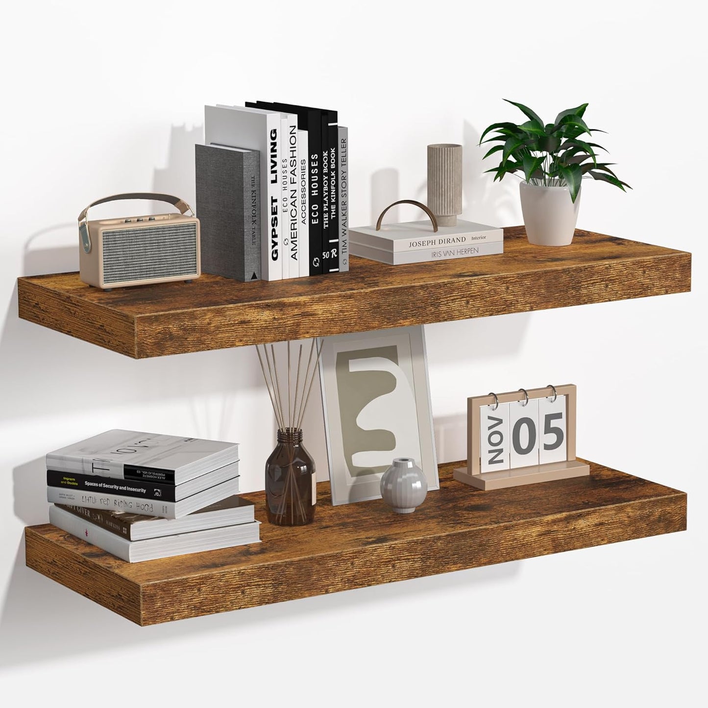 Fun Memories Floating Shelves - 16 Inch Wall Shelf for Decor & Storage - Wall Mounted Display Shelving with Invisible Heavy-Duty Metal Bracket 2Pack, Walnut