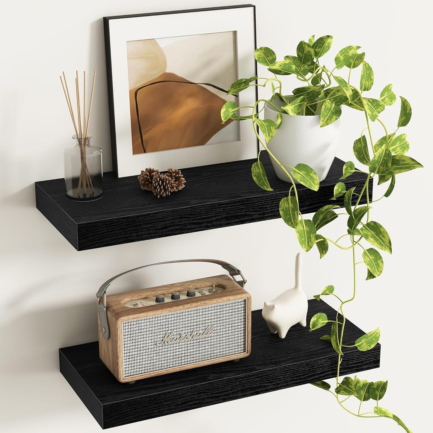 Fun Memories Floating Shelves - 16 Inch Wall Shelf for Decor & Storage - Wall Mounted Display Shelving with Invisible Heavy-Duty Metal Bracket 2Pack, Walnut