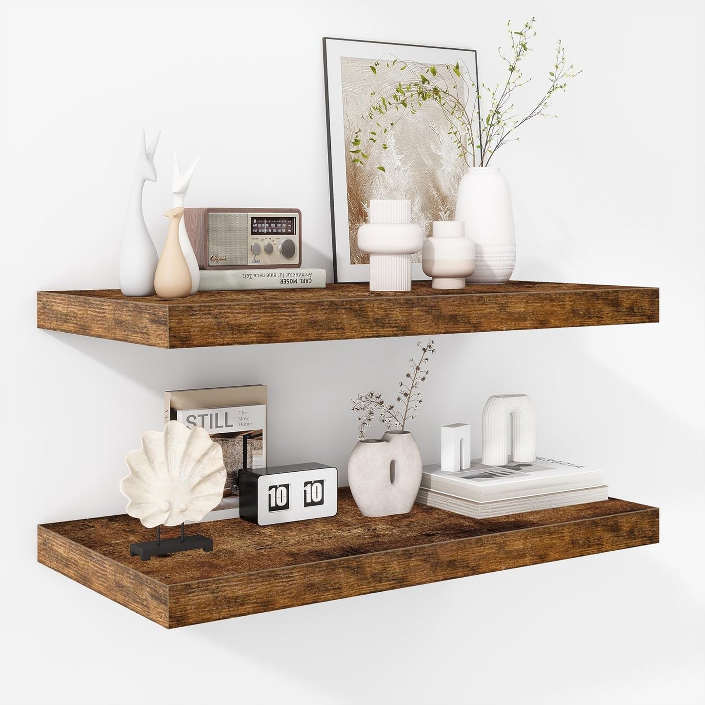 Fun Memories Floating Shelves - 16 Inch Wall Shelf for Decor & Storage - Wall Mounted Display Shelving with Invisible Heavy-Duty Metal Bracket 2Pack, Walnut