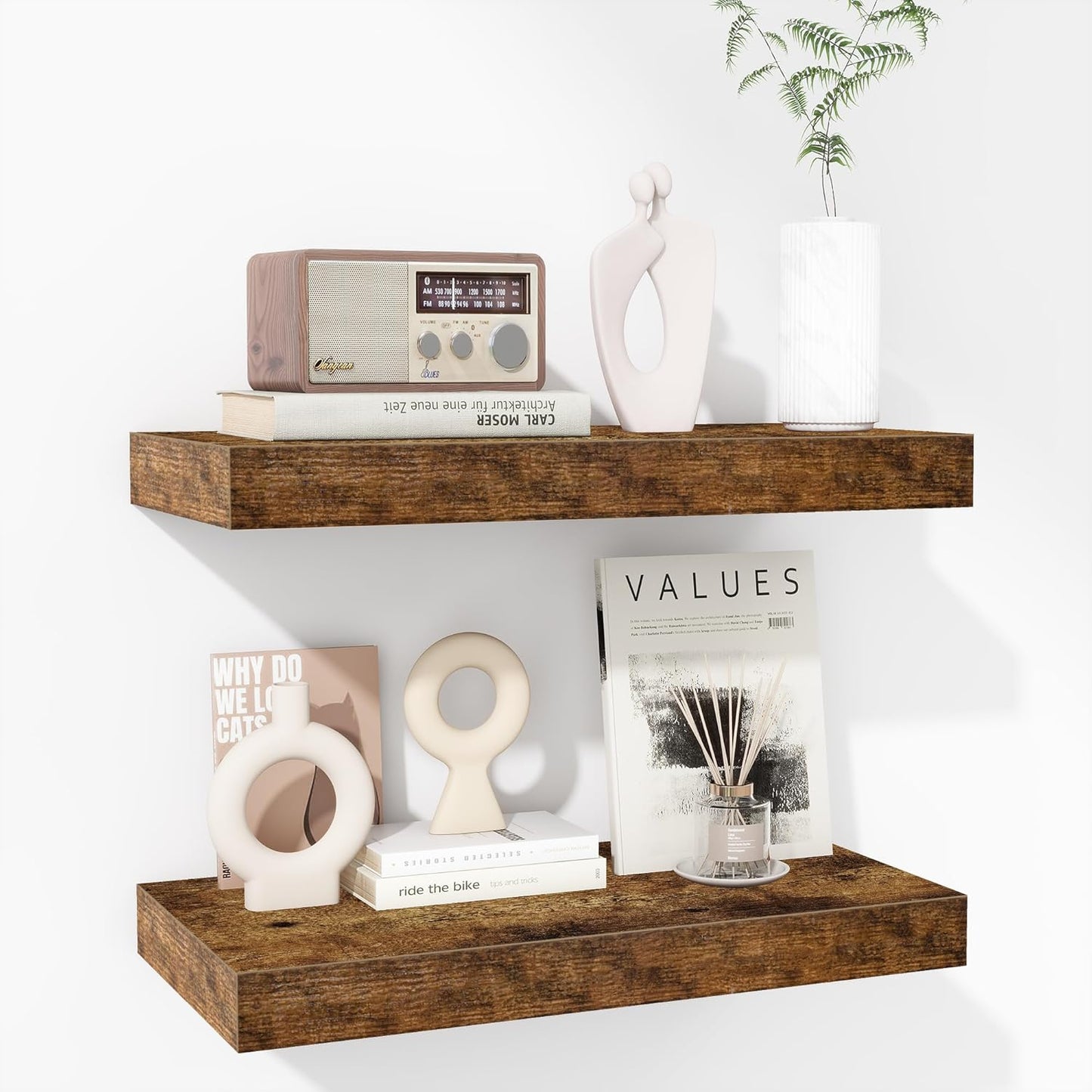 Fun Memories Floating Shelves - 16 Inch Wall Shelf for Decor & Storage - Wall Mounted Display Shelving with Invisible Heavy-Duty Metal Bracket 2Pack, Walnut
