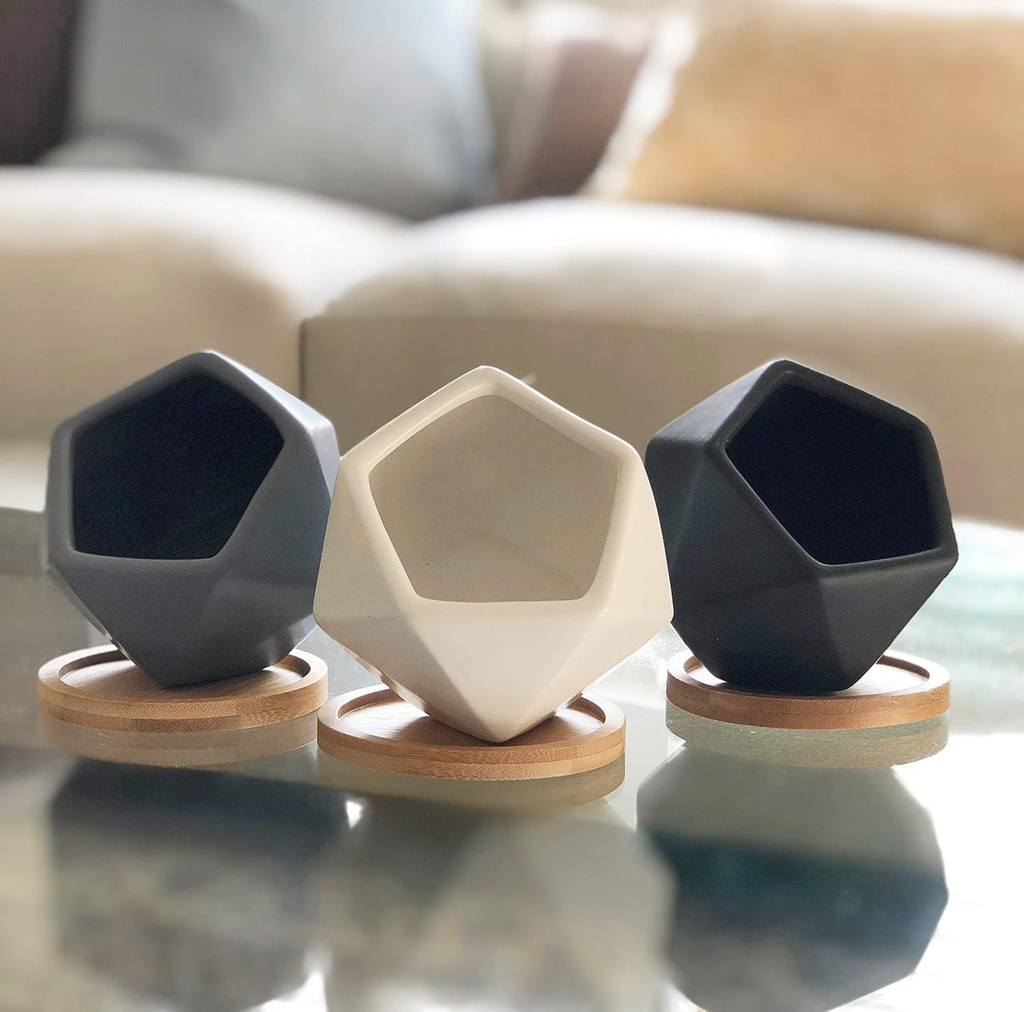 Modern Geometric Ceramic Succulent Pots 3" Planters with Drainage | Bamboo Tray | 3 Pack