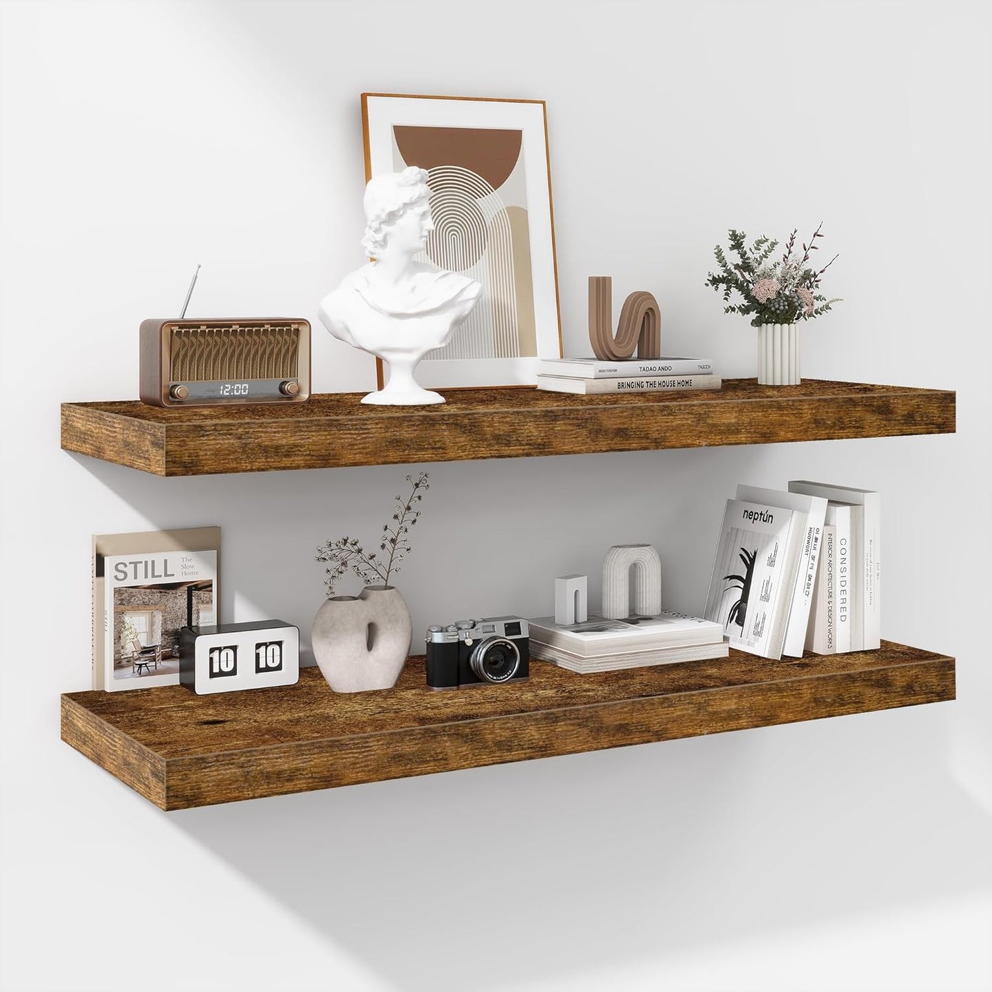 Fun Memories Floating Shelves - 16 Inch Wall Shelf for Decor & Storage - Wall Mounted Display Shelving with Invisible Heavy-Duty Metal Bracket 2Pack, Walnut