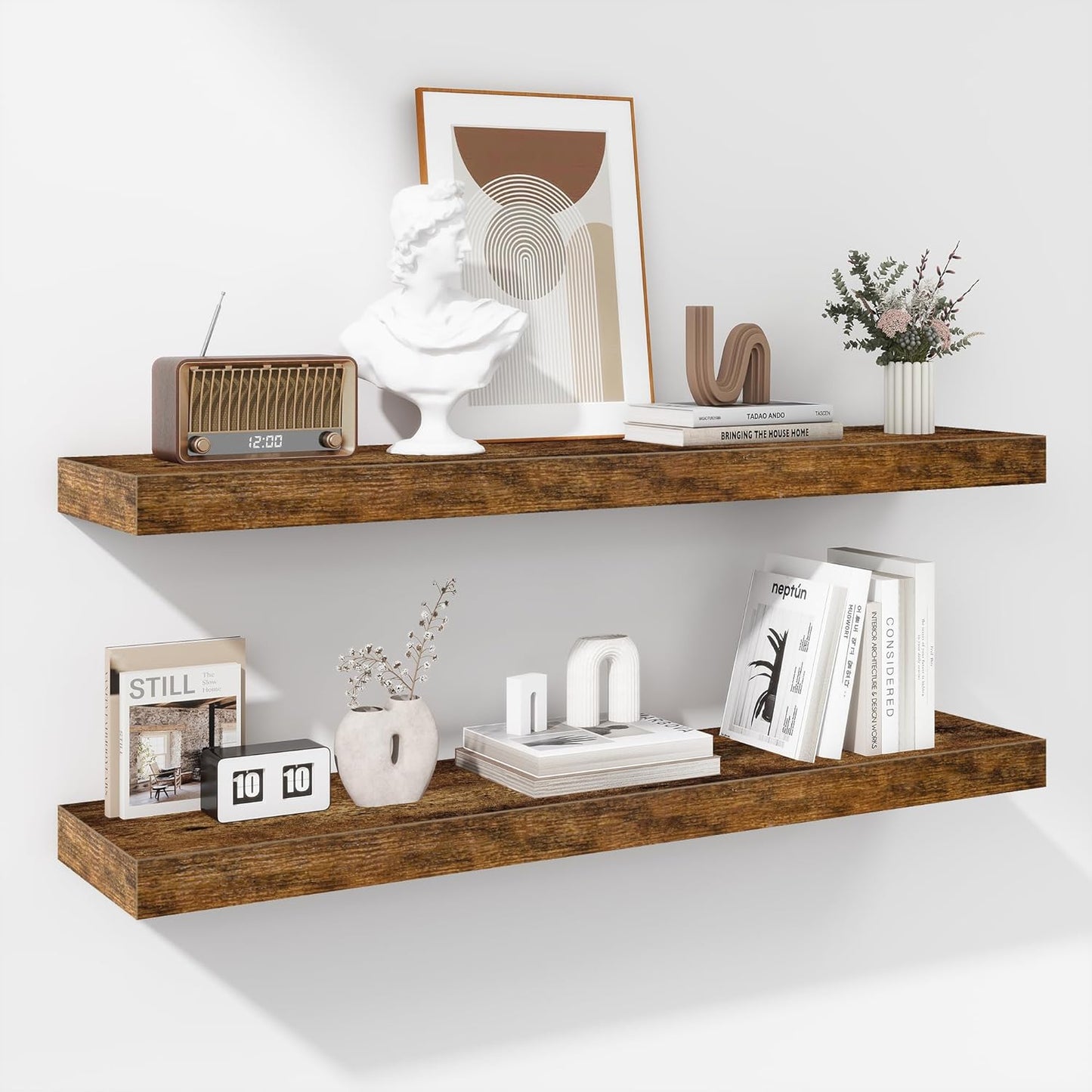 Fun Memories Floating Shelves - 16 Inch Wall Shelf for Decor & Storage - Wall Mounted Display Shelving with Invisible Heavy-Duty Metal Bracket 2Pack, Walnut