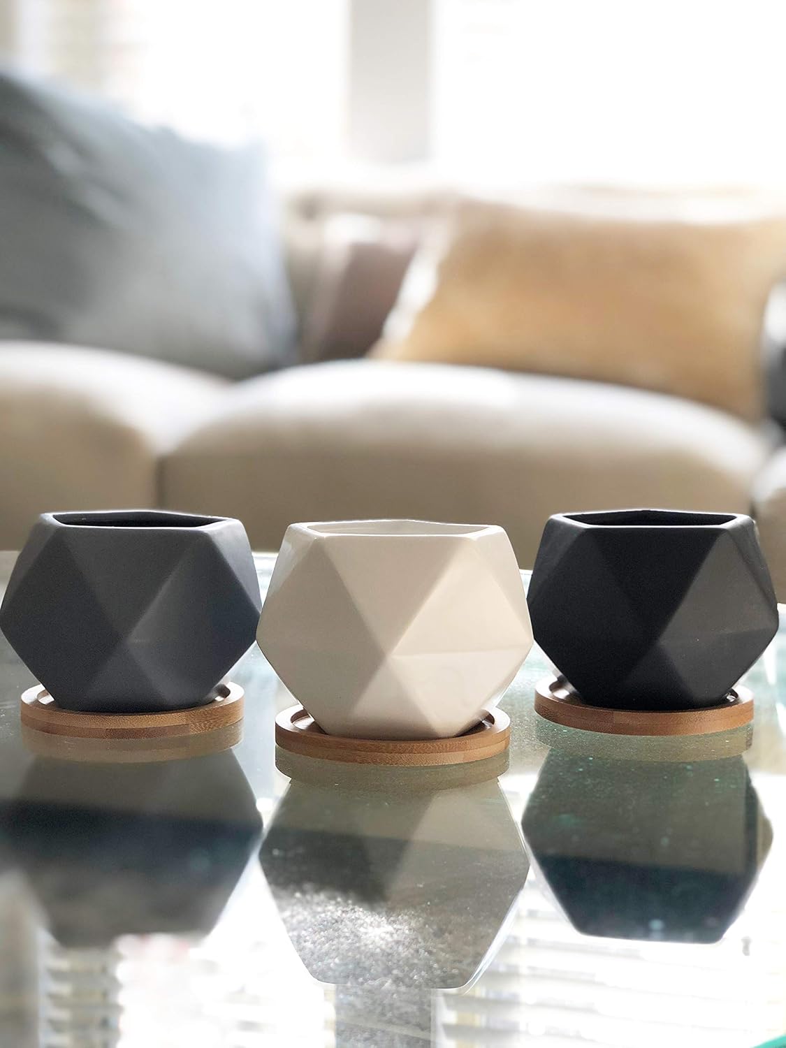 Modern Geometric Ceramic Succulent Pots 3" Planters with Drainage | Bamboo Tray | 3 Pack